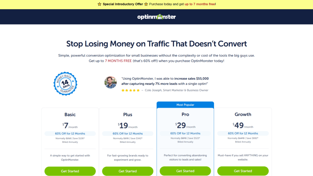 A screenshot of the pricing and plans available on optinmonster.com as of July 2025.