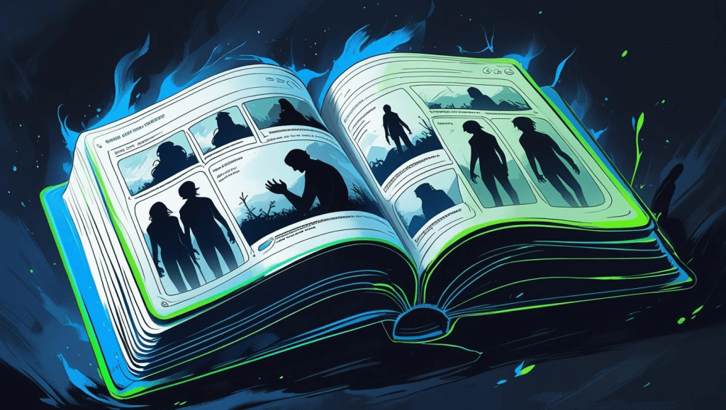 Visualize a dark web page layout unfolding like an open book, its pages edged in vibrant neon blue and green, each page revealing wireframes that morph into narrative scenes. Silhouetted figures, subtly suggested rather than explicitly detailed, populate these scenes, acting as placeholders for characters within chapters of unfolding content. The overall aesthetic is bathed in soft, moody, blue-tinged light, creating a mysterious and intriguing brand narrative ux. The book lies open at a slight angle, displaying several pages, with a focus on the central pages and the transformation from wireframe to narrative scene. The style is digital painting, with a slightly grainy texture suggesting a screen capture of a digital artwork.