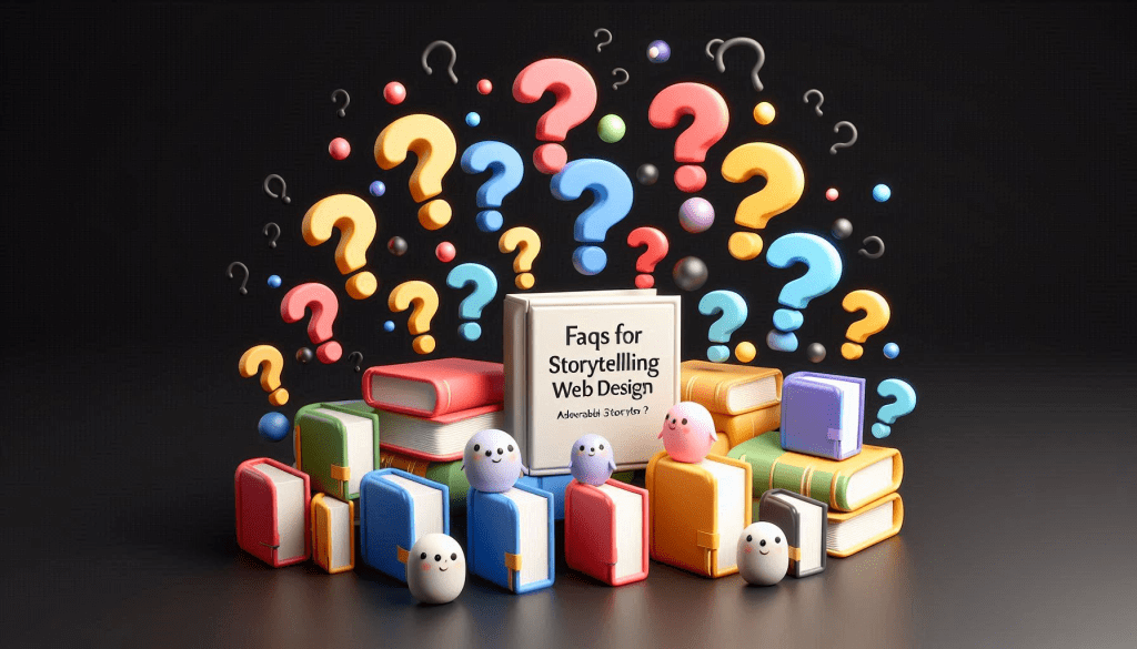 A group of 10 or more differently colored question marks are floating around a black background. Meant to show the FAQs for storytelling web design. With the question marks are adorable storybooks in a 3D illustrated animation style.