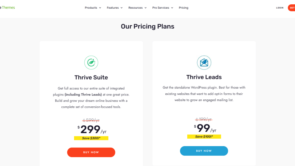 A screenshot of Thrive Leads pricing plans for one of the email list growth services as of July 2025.