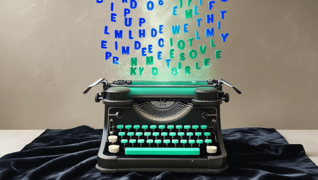 A vintage typewriter, meticulously detailed, sits on a plush black velvet cloth. The keys strike, producing brand adjectives in alternating vibrant blue and emerald green lettering that gently float upward, dissipating into a soft, ethereal glow against a subtly textured, off-white background. The scene is lit with soft, diffused light, emphasizing the detail of the typewriter and the luminous letters.