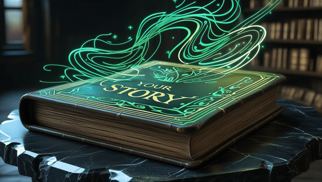 Visualize a closed antique book resting on a dark, polished obsidian pedestal. The book's cover, crafted from aged leather, is deeply etched with the words "Your Story" in an elegant serif font, positioned sideways on the cover. Intricate glowing lines, a vibrant teal and emerald green, emanate from the etched words, swirling upward and outward as if the narrative within is spilling forth into the next chapter, creating a mystical and ethereal effect. The scene is dimly lit, highlighting the book and the glowing lines.