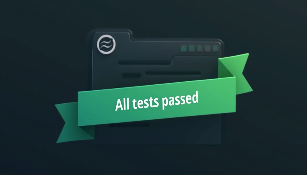 A green ribbon with the text “All tests passed” is displayed across a dark folder icon with a circular logo in the top left corner, set against a dark background.