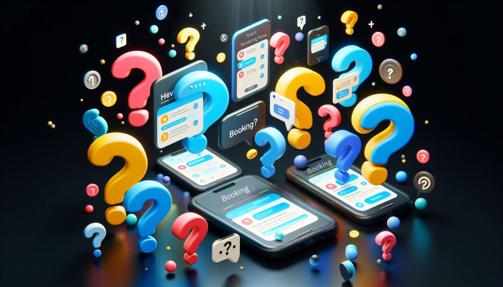 A group of smartphones displaying chat and booking app screens, surrounded by large colorful question marks and small dots, representing confusion or questions about mobile booking or apps.