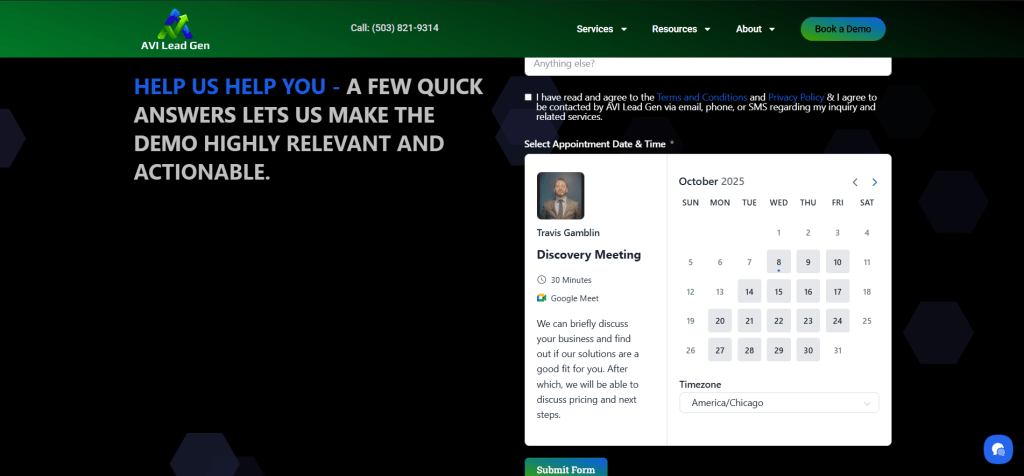A scheduling page for a demo meeting with AV1 Lead Gen. The page shows a calendar to select a date and time in October 2025 and includes an option for Google Meet. HELP US HELP YOU is prominently displayed.