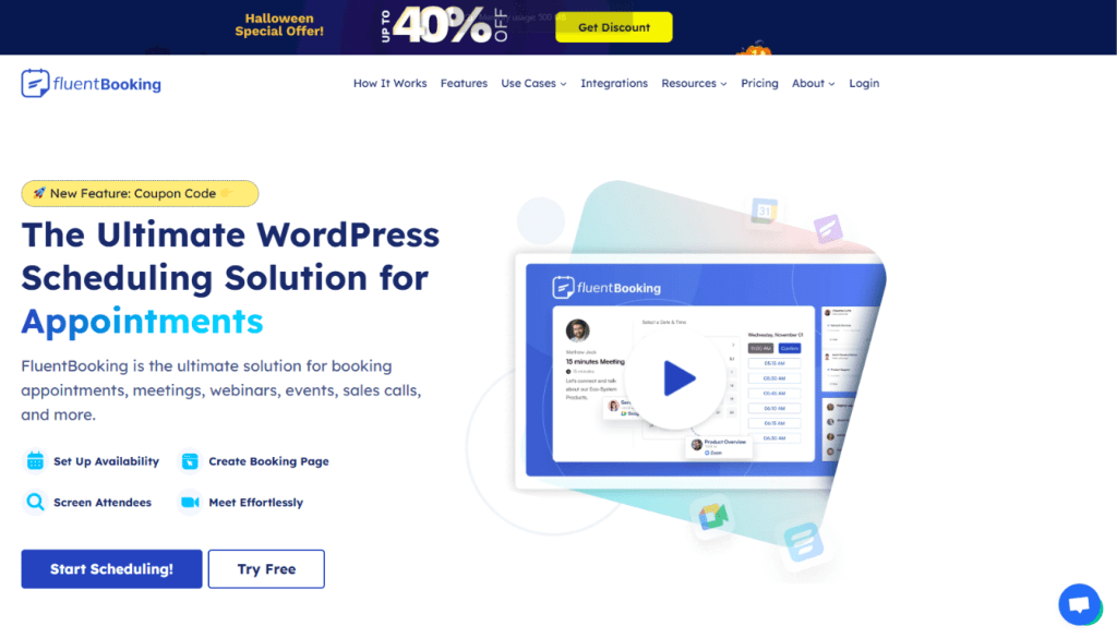 Screenshot of FluentBooking’s website homepage showing a Halloween special offer banner, the headline The Ultimate WordPress Scheduling Solution for Appointments, a product demo image, and call-to-action buttons to start a free trial.