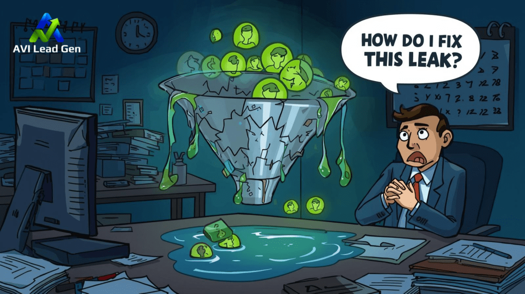 A worried man in an office looks at a leaky sales funnel with glowing green people icons dripping out. A speech bubble says, “How do I fix this leak?” Papers and green liquid cover the desk as the man searches for answers to a bookings-first website design.