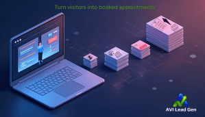 A laptop displays a booking page WordPress interface. Stacks of documents, business cards, and forms lead from the laptop, symbolizing data organization. Text at the top reads Turn visitors into booked appointments. AVI Lead Gen logo is shown.