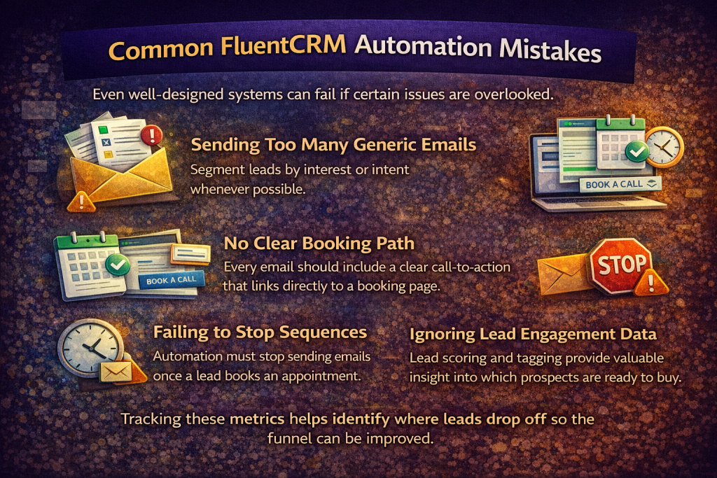 Infographic titled “Common FluentCRM Automation Mistakes” highlights errors like generic emails, no booking paths, not stopping sequences, and ignoring engagement data, with related icons and brief descriptions on a dark textured background.