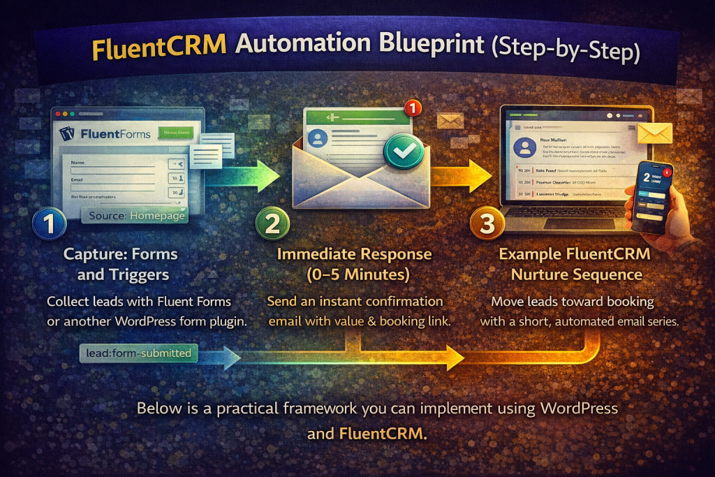 Infographic showing a 3-step FluentCRM Automation blueprint: 1) Capture leads with forms, 2) Send immediate confirmation emails, 3) Start a nurture email sequence in WordPress using FluentCRM.