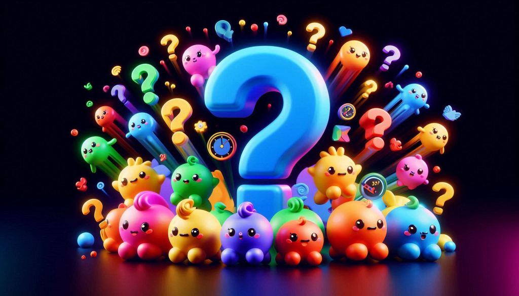 A large blue question mark is surrounded by colorful, cute, round cartoon creatures and various smaller question marks, all set against a dark background. The scene is vibrant and playful, with lively expressions on the characters.