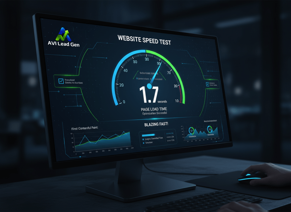 A computer monitor displays a website speed test dashboard, highlighting a 1.7-second load time with graphs, metrics, and the AVI Lead Gen logo in a dark office setting. A hand uses a mouse to help boost site performance.