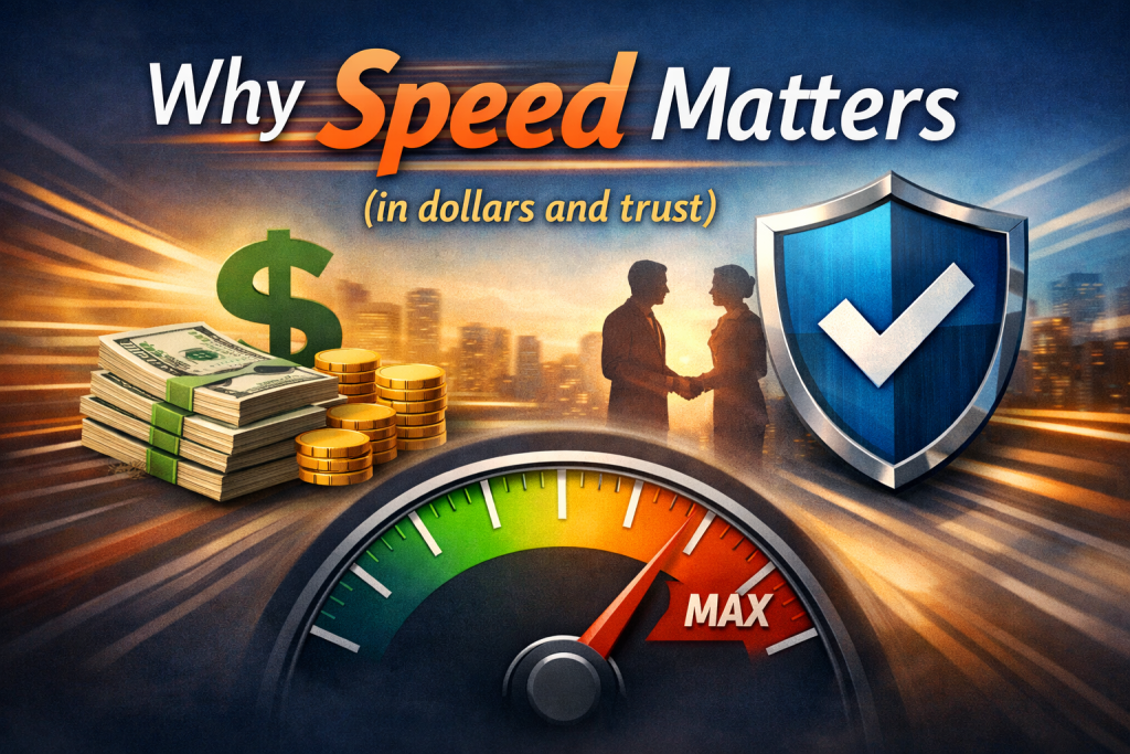 Illustration showing stacks of cash, coins, a shield with a checkmark, a speedometer at max, and two people shaking hands with a cityscape. Text reads: Why enhance website speed (in dollars and trust). The image promotes methods to boost site performance and enhance website speed.