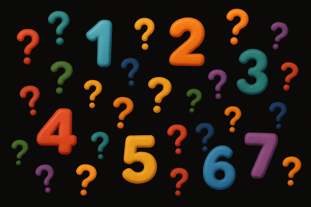 Large, colorful numbers 1 to 7 are scattered among multicolored question marks on a black background—an eye-catching visual perfect for a high-converting lead generation website seeking to engage and intrigue visitors.