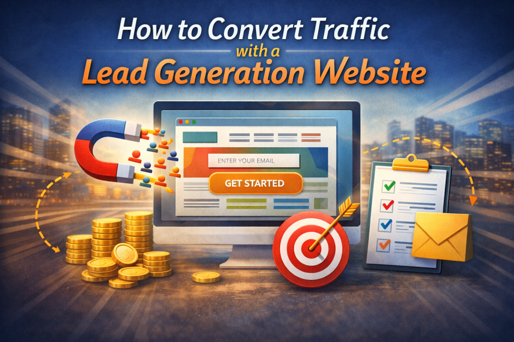 A computer screen displays a Lead Generation Website with an email entry form. Surrounding it are a magnet attracting people icons, coins, a target with an arrow, a checklist, and an envelope. Text reads: How to Convert Traffic with a Lead Generation Website.