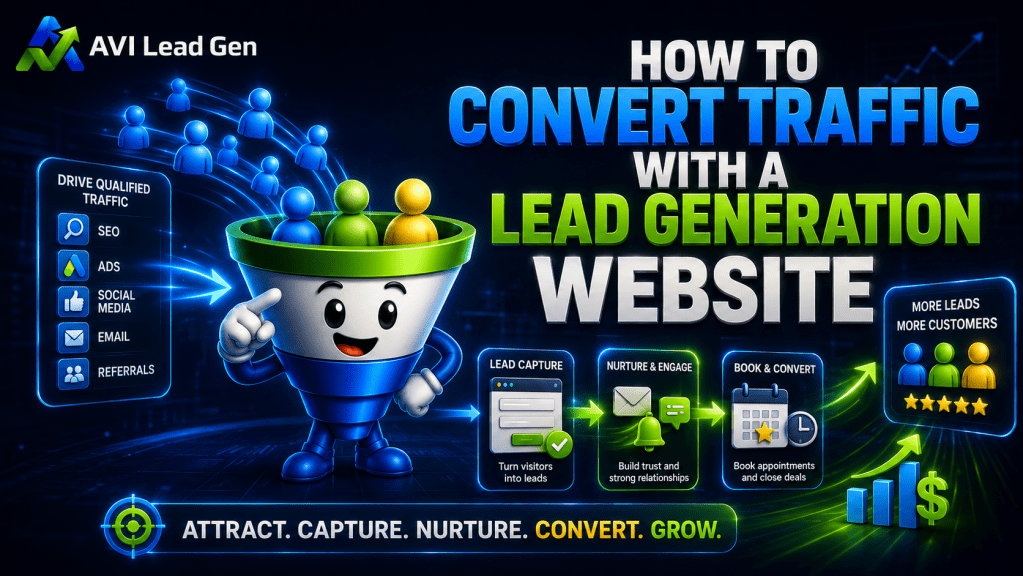 Colorful digital graphic showing a cartoon funnel character with icons representing SEO, ads, social media, email, and referrals, promoting converting website traffic into leads and customers for AVI Lead Gen.
