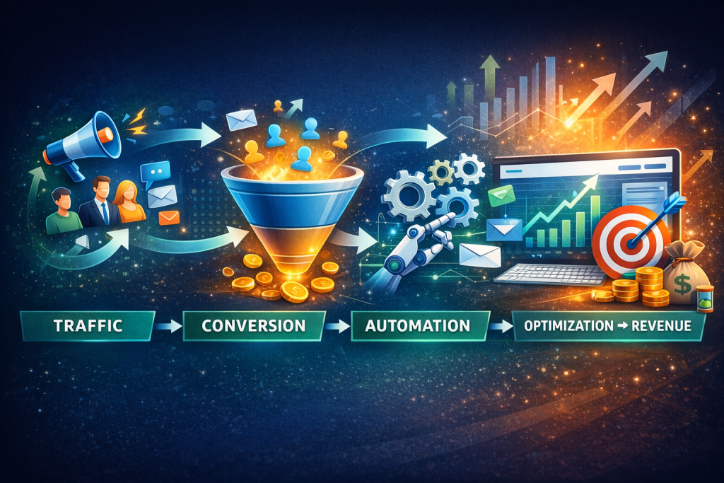 Digital illustration showing a sales funnel process: traffic flows to a conversion-focused website, then automation, optimization, and revenue, with icons like megaphones, emails, gears, computers, coins, and upward graphs.