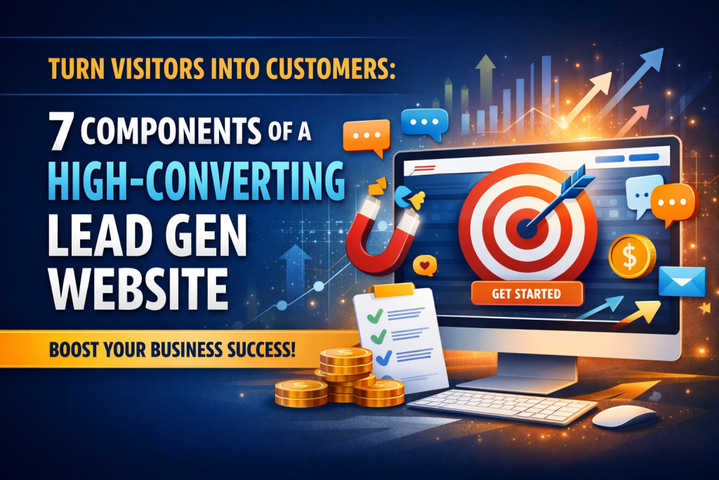 A promotional graphic shows a desktop computer with a target, “Get Started” button, coins, charts, and business icons. Text reads: “7 Components of a High-Converting Lead Generation Website. Turn visitors into customers.”.