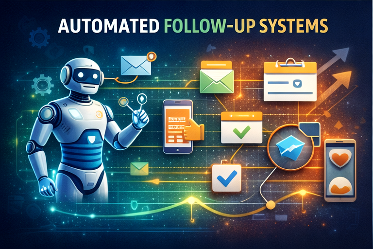 A robot interacts with digital icons representing emails, calendars, checkmarks, and mobile devices, illustrating the concept of automated follow-up systems. The background has bright, connected lines and a tech-inspired design.