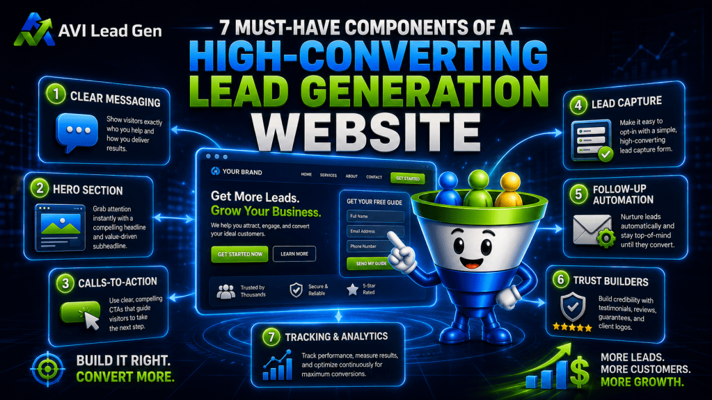 Infographic listing 7 key features of a high-converting lead generation website, including clear messaging, hero section, calls-to-action, lead capture, follow-up automation, trust builders, and tracking & analytics. Discover the essential elements every lead generation website needs to maximize conversions and drive growth.