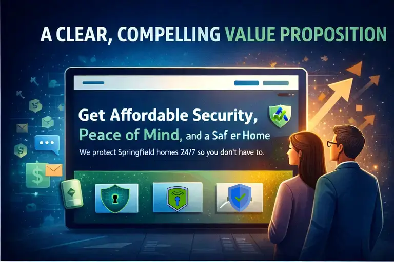 Two business professionals stand facing a large digital screen showcasing icons and text about affordable security, peace of mind, and 24/7 protection for Springfield homes—highlighting the benefits of a high-converting lead generation website.