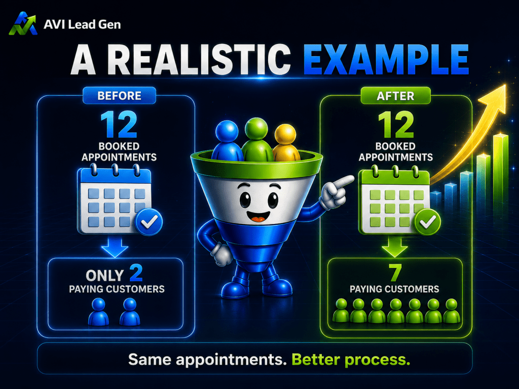 Infographic showing 12 booked appointments leading to 2 paying customers before, and 7 after improving the process. Illustrated with a smiling funnel character and calendar icons. Text: Same appointments. Better process—discover how to convert leads into customers with proven sales call conversion tips.