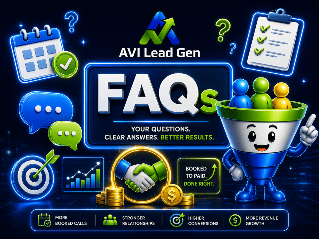Colorful infographic for AVI Lead Gen FAQs with icons of check marks, chat bubbles, coins, handshake, and a smiling funnel character. Text highlights benefits: more booked calls, stronger relationships, higher conversions that turn booked appointments into paying customers, and more revenue.