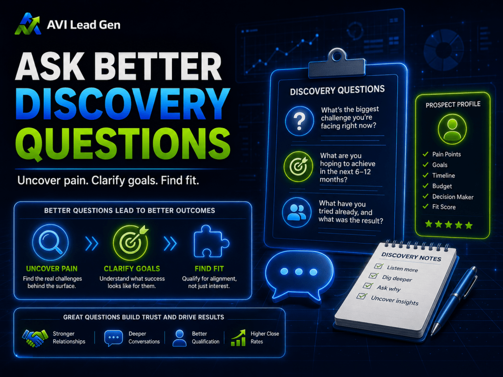 Infographic titled Ask Better Discovery Questions with icons and text highlighting steps: uncover pain, clarify goals, find fit. Includes a checklist, speech bubbles, and a prospect profile with pain points, timeline, and metrics—offering actionable sales call conversion tips on how to close more sales calls by asking the right questions at every stage.