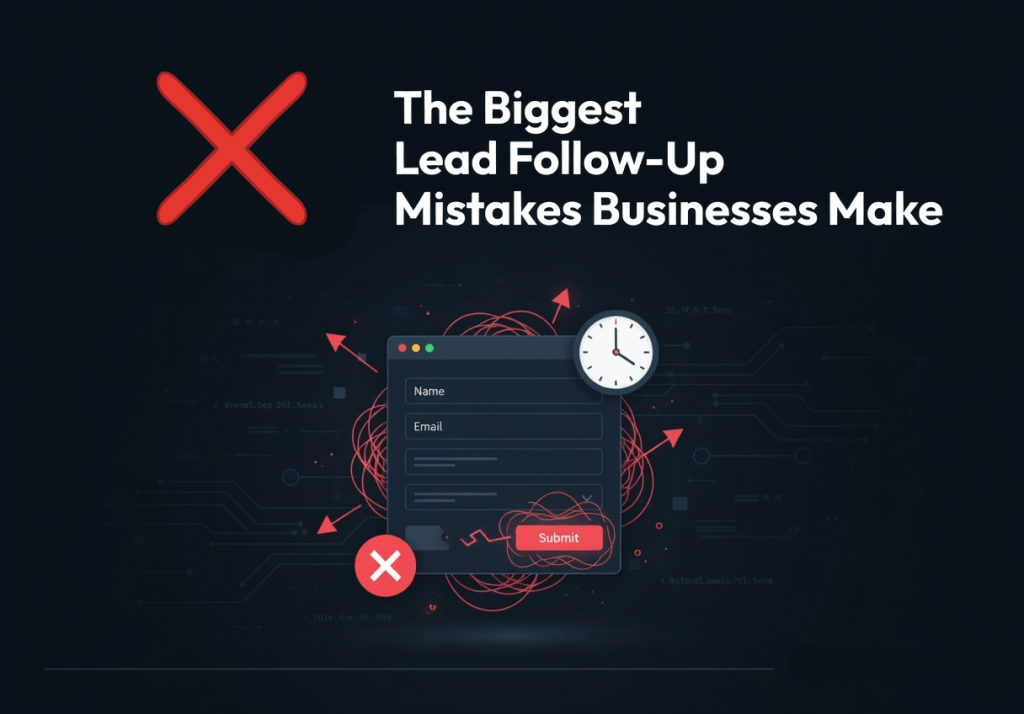 A graphic with a large red X, a clock, and a contact form. The text reads: The Biggest Lead Follow-Up Mistakes Businesses Make. A red X and Submit button are below the form on a dark background with digital elements.