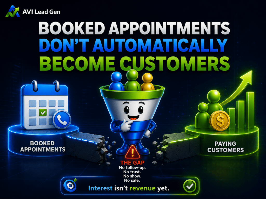 A graphic comparing booked appointments to paying customers with a funnel character in between, emphasizing that booked appointments don’t automatically lead to sales. Text says: Interest isn’t revenue yet. Includes a reminder that following proven sales call conversion tips is essential for learning how to convert leads into customers.
