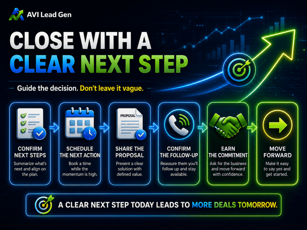 A business workflow chart with six steps for closing deals—confirm next steps, schedule meeting, share proposal, confirm follow-up, earn commitment, and move forward—on a digital background with upward-trending graphs. Perfect for illustrating how to convert leads into customers and offering practical sales call conversion tips to help you close more sales calls effectively.