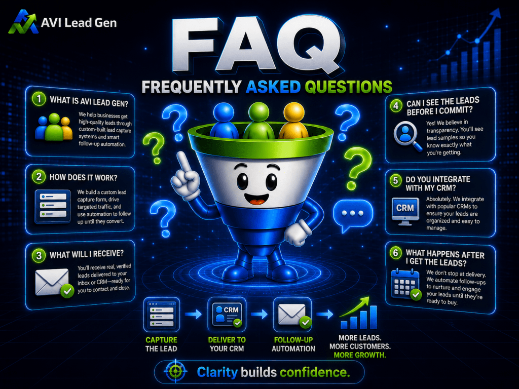 Cartoon funnel character surrounded by four FAQ boxes explaining lead generation, website form follow-up, CRM integration, and service steps. Blue digital background with icons, text, and glowing FAQ letters. “Clarity builds confidence” at the bottom.