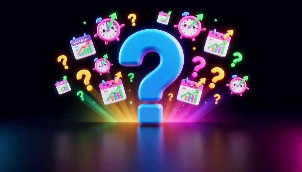 A large blue question mark is centered on a dark background, surrounded by colorful clocks, graphs, arrows, and question marks, with rainbow light rays shining outward.