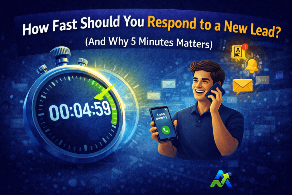 A stopwatch shows 4 minutes 59 seconds next to a smiling man on the phone during a Lead Inquiry call. Icons appear around him. Text says, “How Fast Should You Respond to a New Lead? (And Why 5 Minutes Matters for lead response time).”.