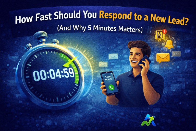 A stopwatch shows 4 minutes 59 seconds next to a smiling man on the phone during a Lead Inquiry call. Icons appear around him. Text says, “How Fast Should You Respond to a New Lead? (And Why 5 Minutes Matters for lead response time).”.