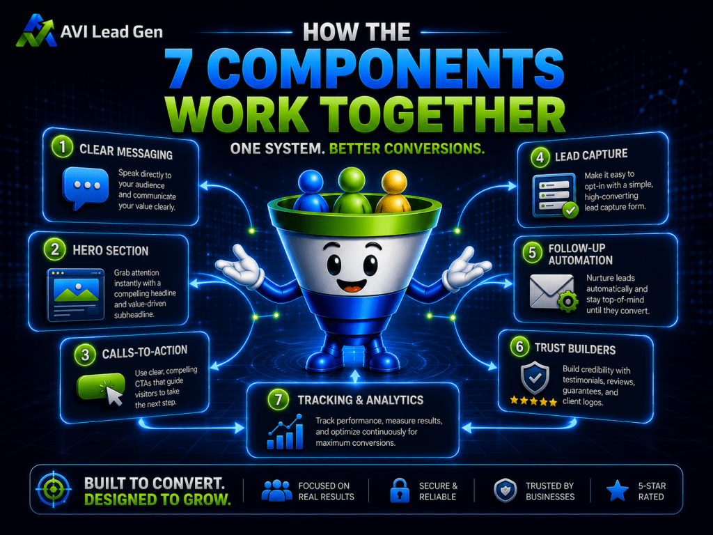An infographic titled How the 7 Components Work Together shows a funnel with icons and text describing steps for lead generation, including messaging, leads, calls-to-action, capture, follow-up, trust, and tracking. The visual guide demonstrates how to turn website visitors into leads by outlining each stage in the process for effective conversion.
