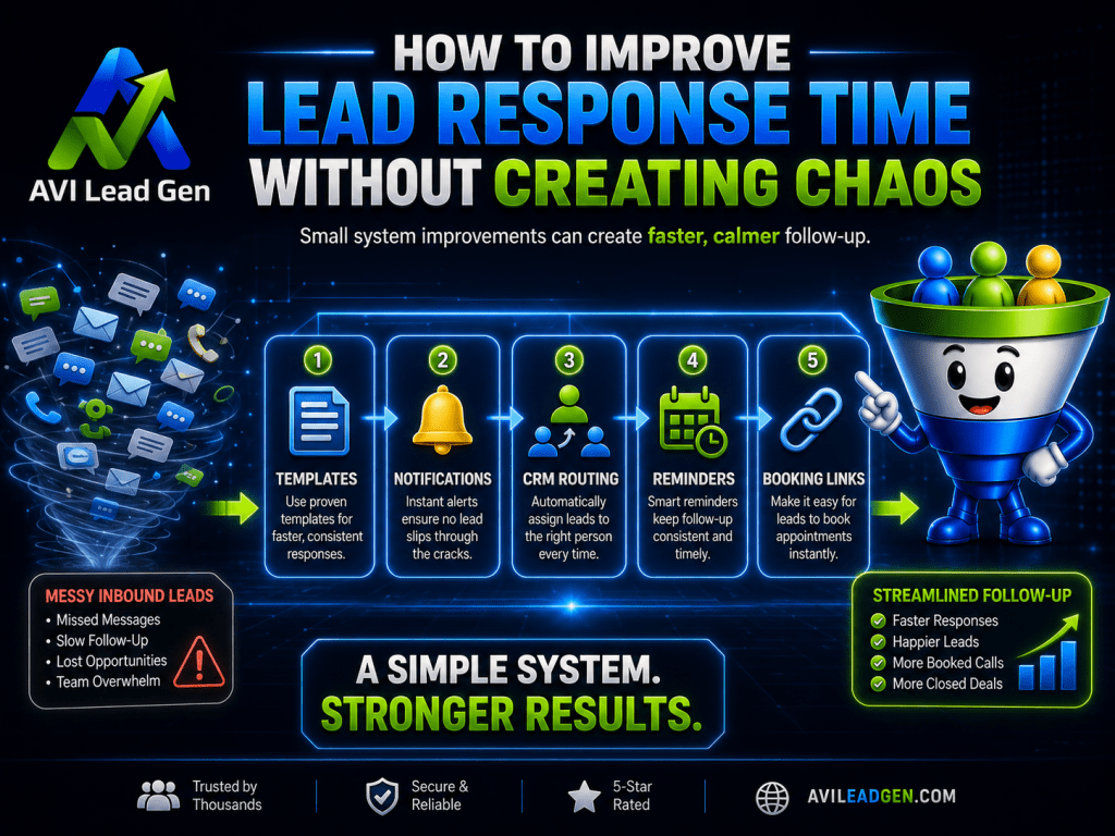 An infographic explains steps to improve Lead Response Time: templates, notifications, CRM routing, reminders, booking links, plus a comparison of messy vs. streamlined leads—with colorful graphics and business icons. Discover how fast lead response transforms responding to new leads into a seamless process.