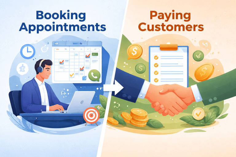 Illustration split in two: left side shows a person with a headset booking appointments on a computer; right side shows hands shaking over coins, bills, and a clipboard, representing converting appointments to paying customers.