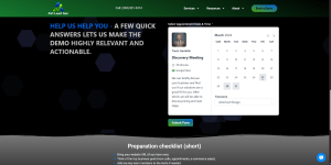 A website demo booking page displays a calendar for March 2026, booking options, and a checklist. The heading reads “HELP US HELP YOU,” with a description about making demos relevant and actionable.
