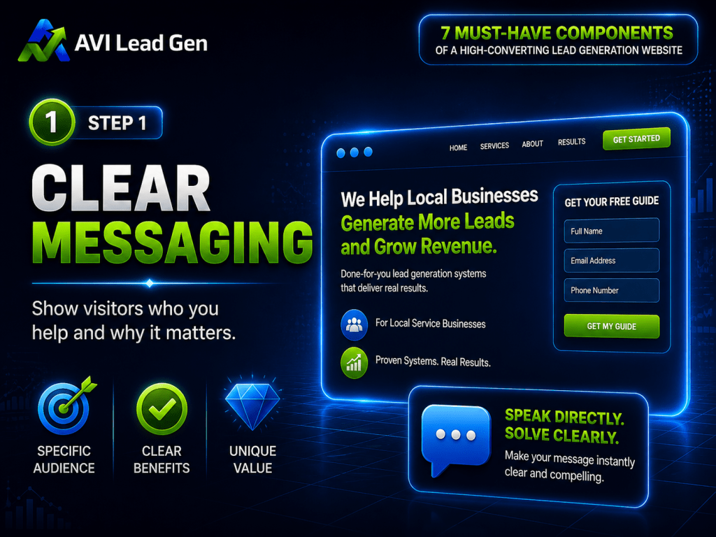 Infographic titled Clear Messaging explaining how to help local businesses generate more leads. Features icons for specific audience, clear benefits, unique value, and advice on how to build a lead generation website while communicating solutions clearly.