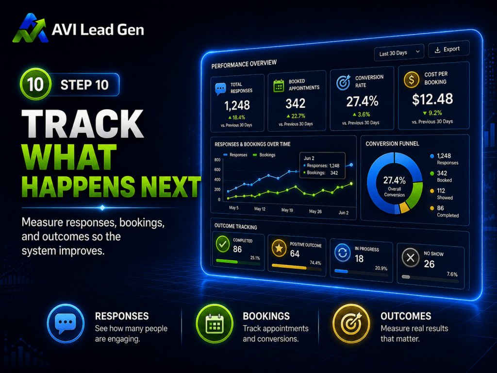 A dashboard displays metrics on responses, bookings, and outcomes with graphs and icons. Track What Happens Next is highlighted, emphasizing performance data and engagement tracking steps after a lead fills out your website form. This robust lead conversion system ensures you can seamlessly monitor interactions and optimize results.