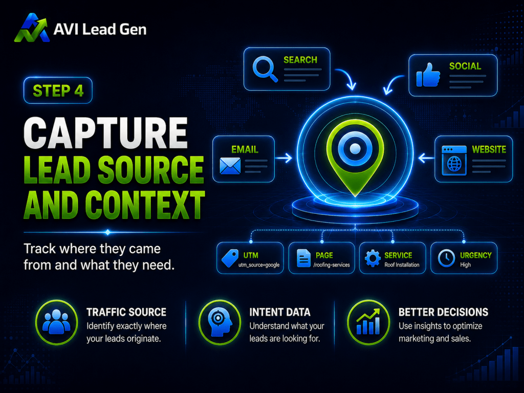 Infographic on capturing lead source and context, showing icons for search, social, website, and email, with steps for tracking leads After a Lead Fills Out Your Website Form. Includes insights on implementing a lead conversion system to leverage intent data and optimize marketing decisions.