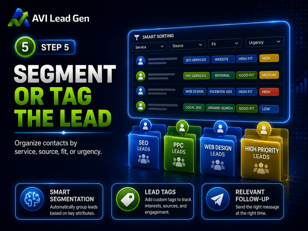 An infographic for AVI Lead Gen shows step 5: “Segment Or Tag The Lead.” It features icons for SEO, PPC, web design, and high priority leads, describing benefits like smart segmentation and relevant follow-up. After a lead fills out your website form, this lead conversion system ensures each contact is efficiently tagged for tailored communication and improved results.
