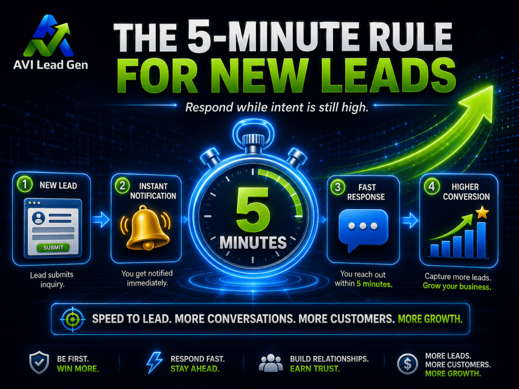 Infographic on the 5-minute rule for new leads: Submit, get instant notification, respond fast, and achieve higher conversions. Emphasizes the importance of fast lead response—responding to new leads quickly boosts growth and strengthens customer relationships by optimizing Lead Response Time.