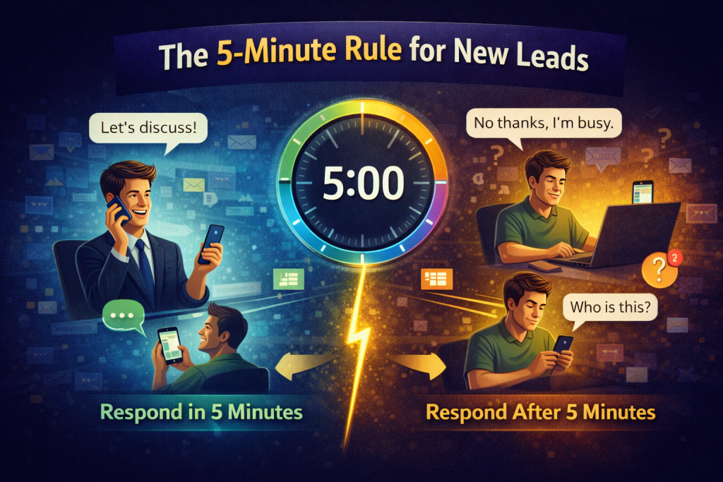 An infographic compares fast and slow lead responses. On the left, a man replies in 5 minutes and gets an enthusiastic reply. On the right, a delayed response gets confusion or disinterest. A timer shows the 5-minute rule for new leads.