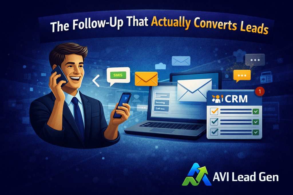Smiling businessman on phone surrounded by digital icons for emails, SMS, and CRM. Text reads, “The Follow-Up That Actually Converts Leads.” AVI Lead Gen logo at the bottom right. Blue, tech-themed background.