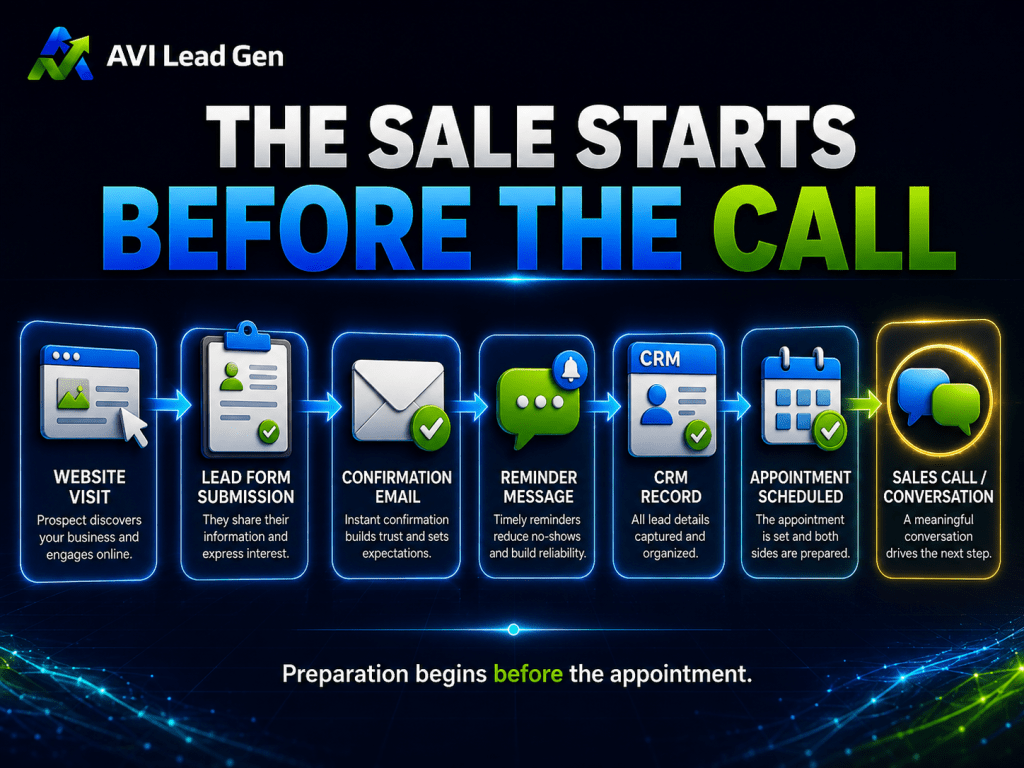 A flowchart showing steps before a sales call: website visit, lead form, confirmation email, reminder, CRM record, appointment scheduled, leading to the sales call. Text: The sale starts before the call—mastering these steps is one of the top sales call conversion tips for those looking at how to convert leads into customers.