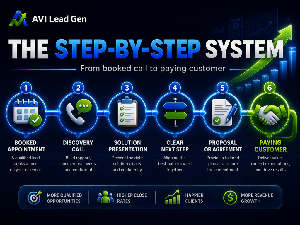 An infographic titled The Step-by-Step System shows six steps from booking an appointment to paying customer, highlighting benefits like more leads, better close rates, happier clients, and revenue growth. It also shares practical advice on how to convert leads into customers and offers sales call conversion tips for those looking to close more sales calls effectively.