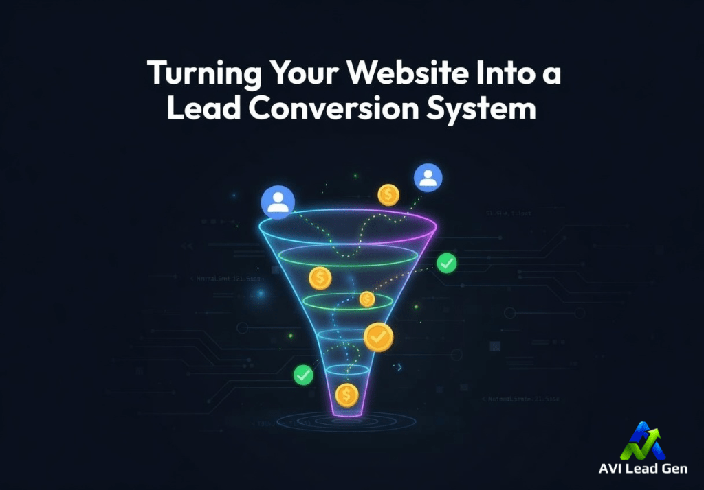 A graphic shows a glowing funnel with user icons, dollar signs, and check marks entering and exiting it, symbolizing lead conversion. The text reads Turning Your Website Into a Lead Conversion System. AVI Lead Gen logo is in the corner.