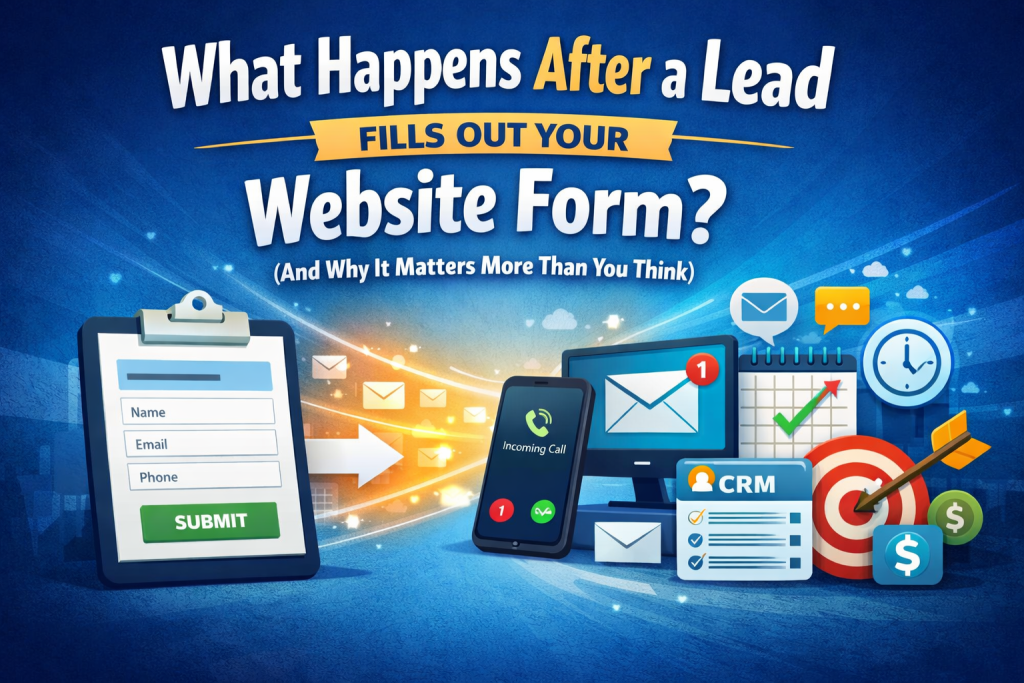 Colorful graphic with text: “What Happens After a Lead Fills Out Your Website Form?” plus illustrations of a form, phone, emails, CRM, calendar, and target—revealing why this crucial step matters more than you think.